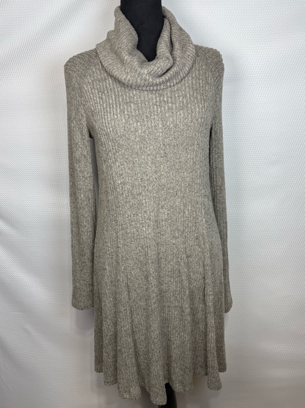 Lush Cowl Neck Swing Ribbed Knit Sweater Dress Oxford Tan Sz XS NWT